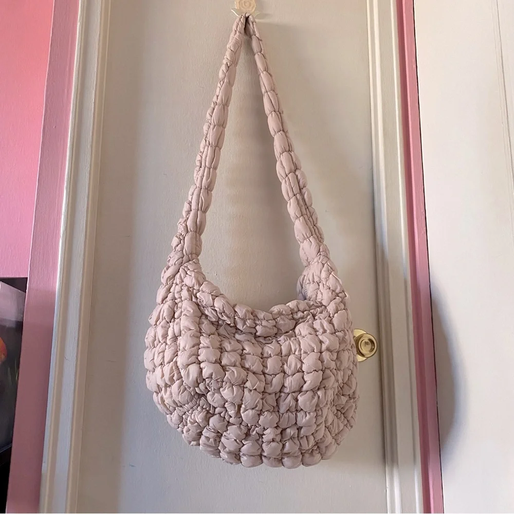 Pale Pink/Cream Color Quilted Puffer Slouchy Bag with Crossbody Strap